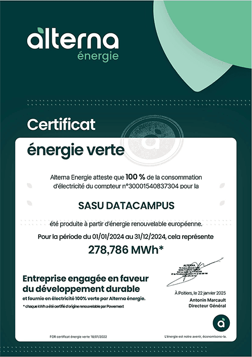 Certificat énergie verte : Alterna Energie atteste que 100% de la consommation d'électricité du compteur n°30001540837304 pour la Sasu Datacampus été produite à partir d'énergie renouvelable européenne.